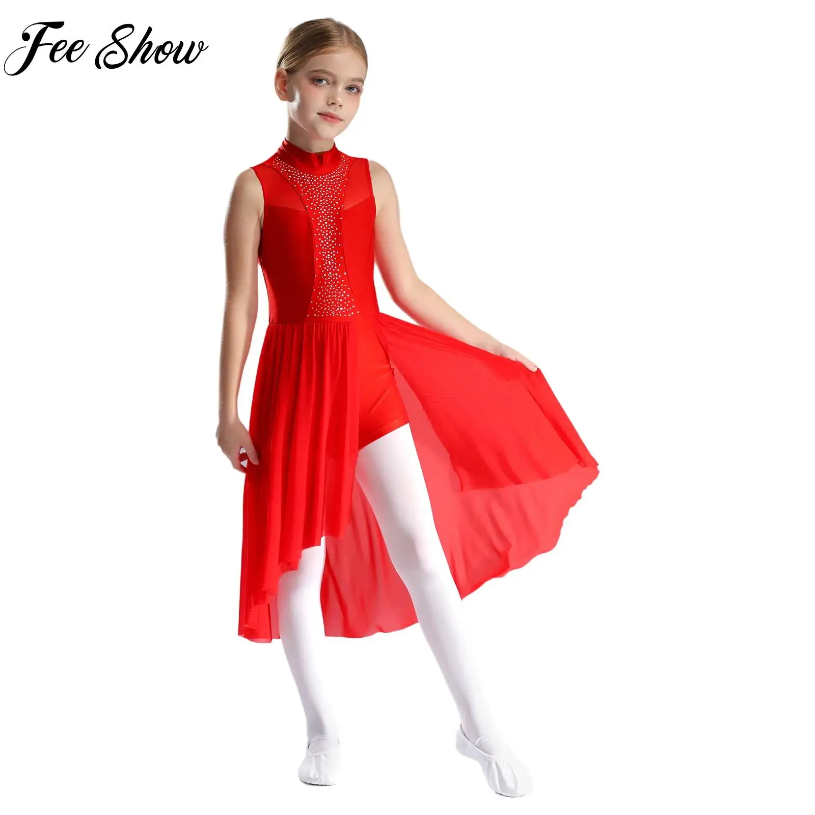 Rhinestone Lyrical Contemporary Dance Dress Figure Skating Performance Prom Party Dresses Sparkly Sleeveless Dress for Kid Girls