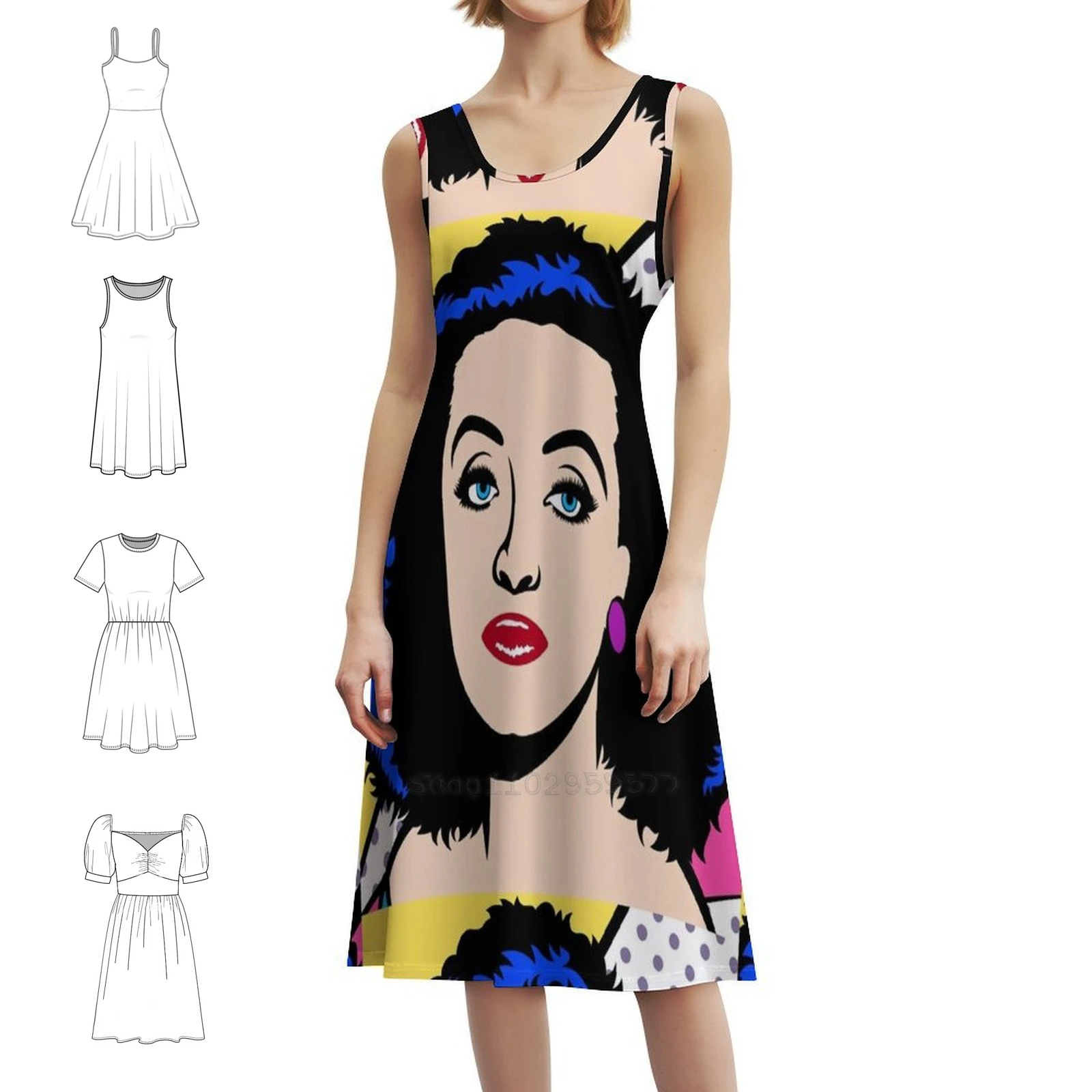 

Bette Davis Cartoon Popart Drawing Bohemian Sleeveless Dress Multi-Print Beach Vacation Party Dress Bette Davis Cartoon Popart