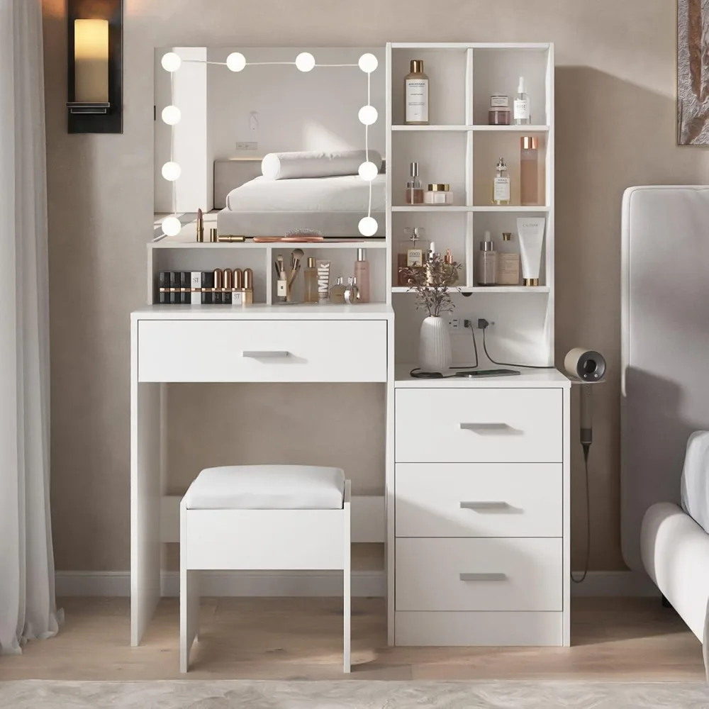 White Vanity Desk with Mirror and Lights, Makeup Vanity Table with Charging Station, 3 Lighting Modes Brightness Adjusta