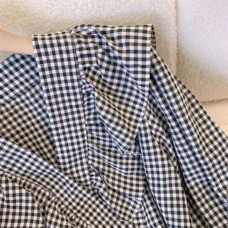 Plaid Blouses Women V-neck Vintage Ruffles Sweet All-match Korean Style Tender Simple Fashion Chic   Students Casual