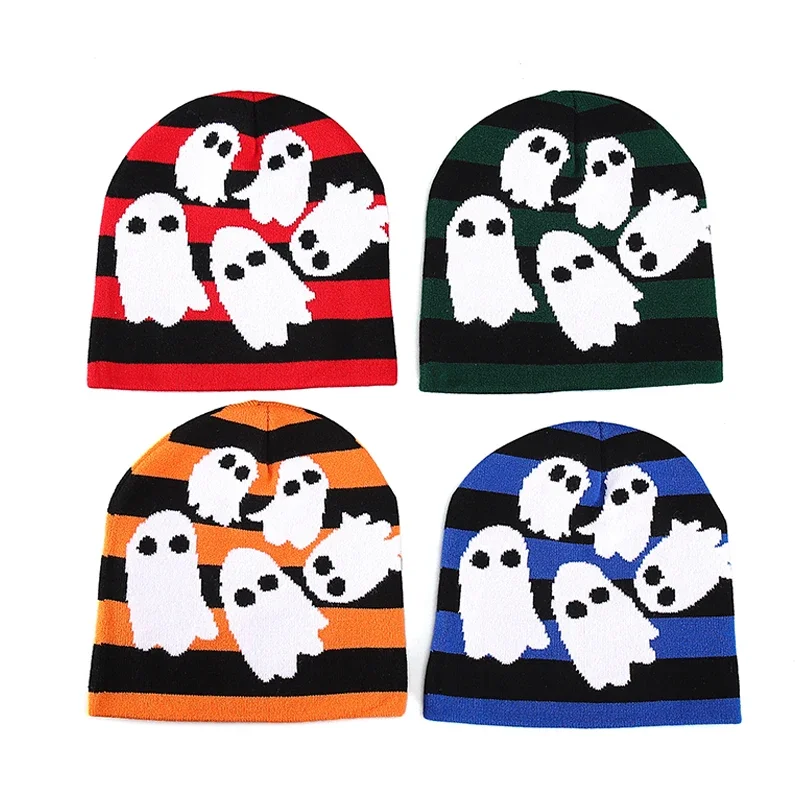 Gorro de punto de dibujos animados ámbar para Halloween, gorro con estampado de fantasma, cálido, para exteriores, invierno y otoño, novedad de 2023