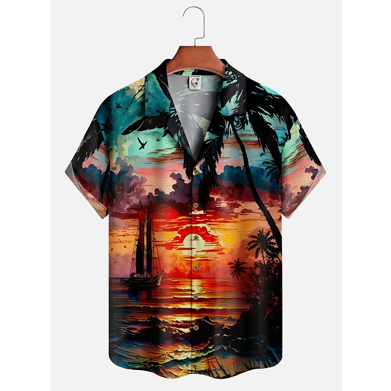 Men\'s Hawaii Summer Dusk Pattern Casual Shirt 3D Beach Funny Short Sleeve Womens Clothes Blouse New Hot Sale Floral y2k Tops 4XL