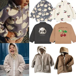 2024 New Winter Children Warm Jacket Girls Lamb Wool Hooded Jacket Boys Swan Printed Cotton Jacket Baby Autumn Clothes