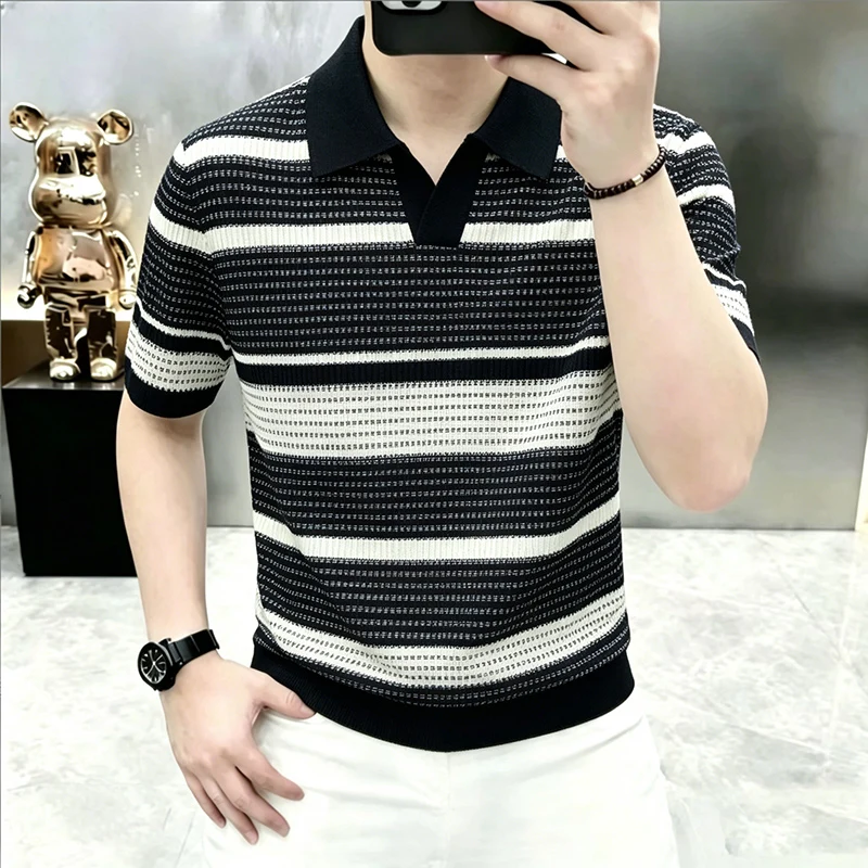 Summer New Style Men's Ice Silk Striped Knitted T-Shirt Polo Shirt V-Neck Collar Long Sleeve