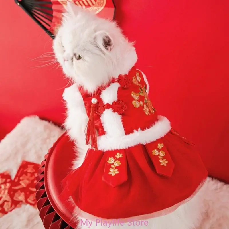 Pet Suit Dog Chinese New Year Spring Festival Outfit Furry Lining Suit Outfit Festive Cat Snowsuit Outfit Winter Apparel