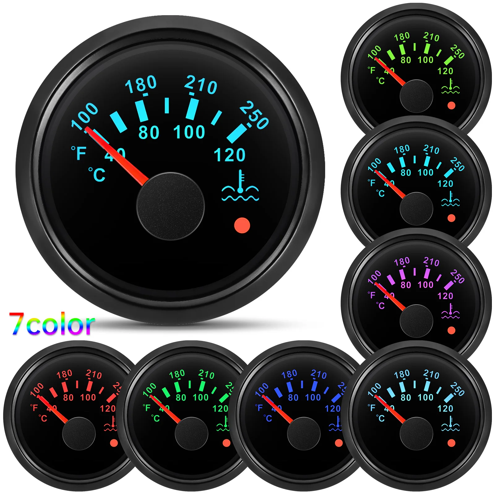 40-120℃,100-250℉ 52MM Water Temperature Gauge With Flashing Alarm Temp Sensor 10.2MM for Auto Car Boat Yacht 7 Color Light