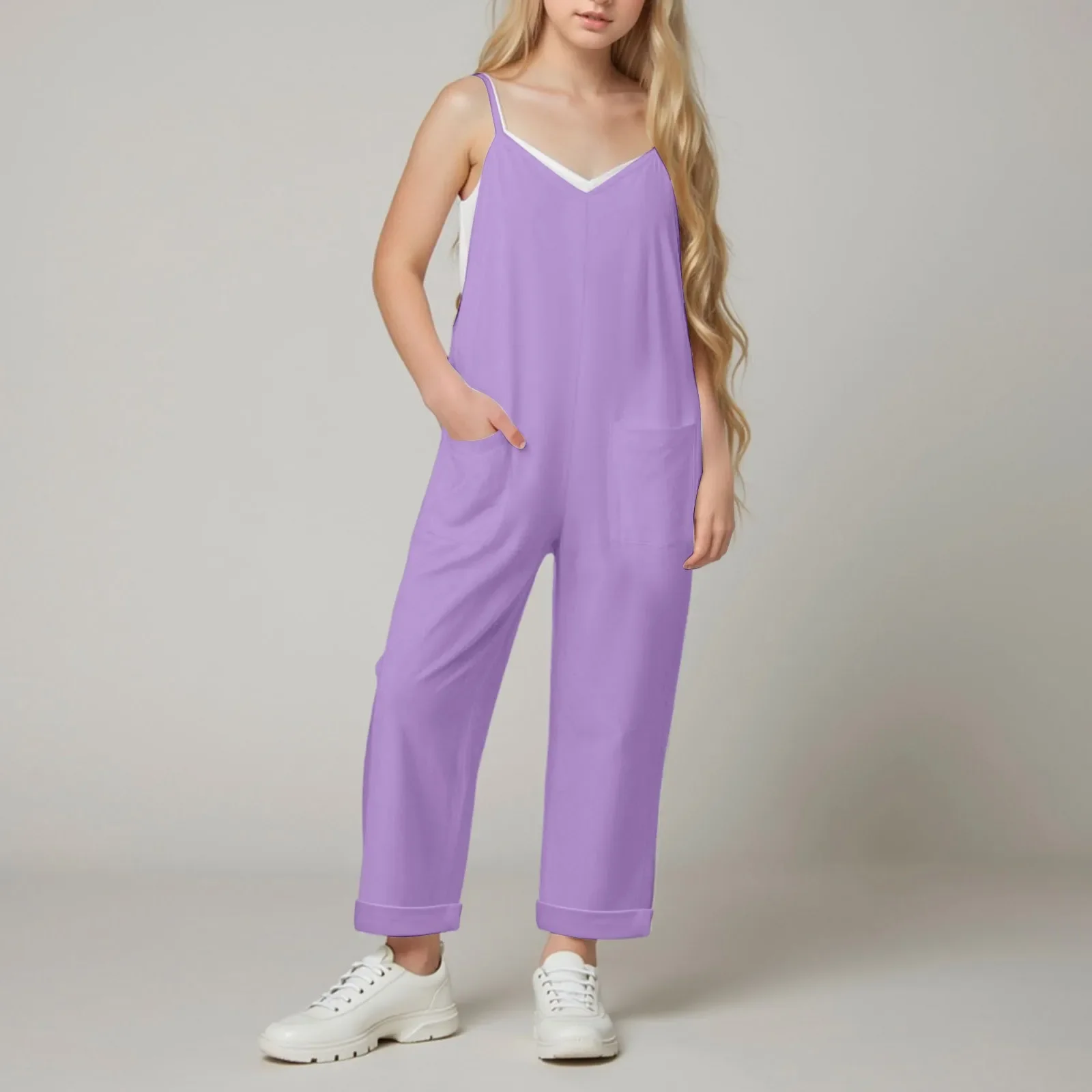 

Girls Jumpsuit Casual Overalls Sleeveless Jumpsuit V Neck Spaghetti Strap Zipper Design Short Sleeve Girl Pajamas Home Pants