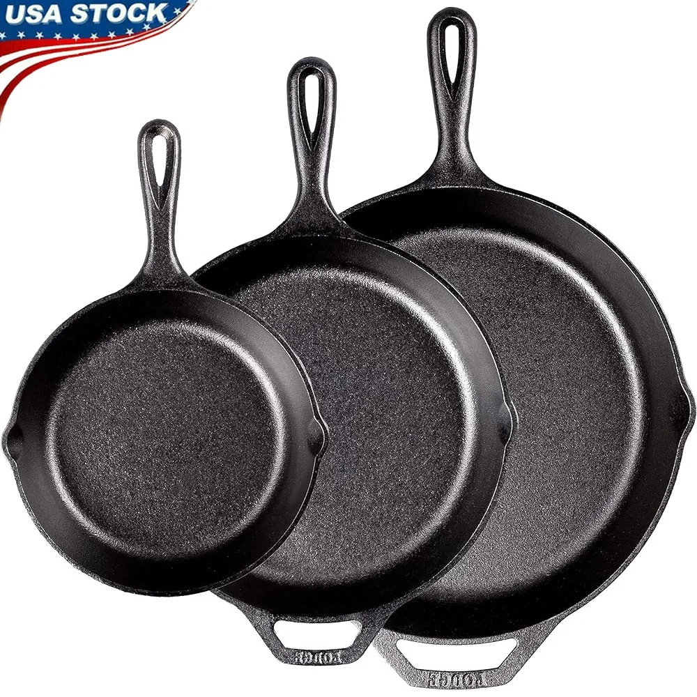 

Pre-Seasoned Cast Iron Skillet Set 8 10.25 12 Inch Versatile Cookware Non-Stick Easy Release Durable Made in USA PFOA Free