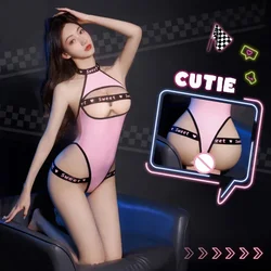 Porn Suit Women Sexy Open Bra Crotchles Bodysuit Lingerie Cosplay Car Model Alluring Pink One-Piece Teddies Exotic Costume