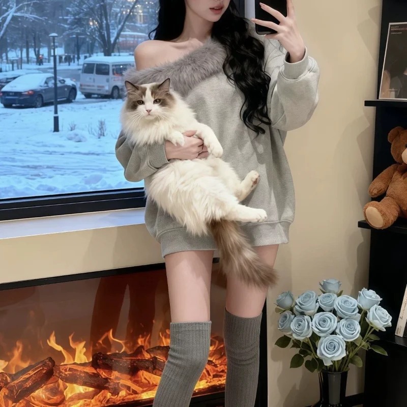 كسول الفراء طوق مائل الكتف البلوز هوديي المرأة الخريف والشتاء مزاجه فضفاض جديد تنوعا