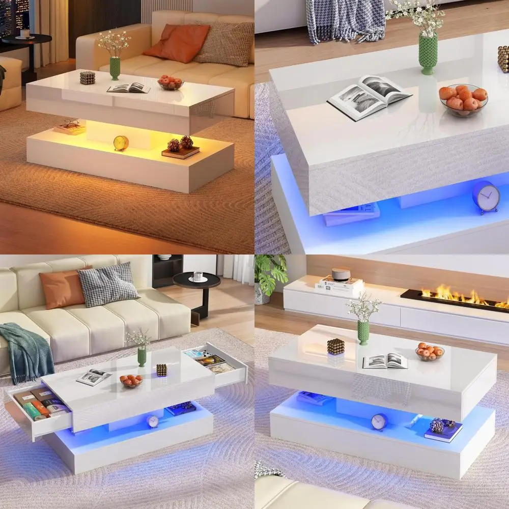 

Large Glossy LED Coffee Table with Storage Drawers, Modern Black/White for Living Room, LED Lights Included