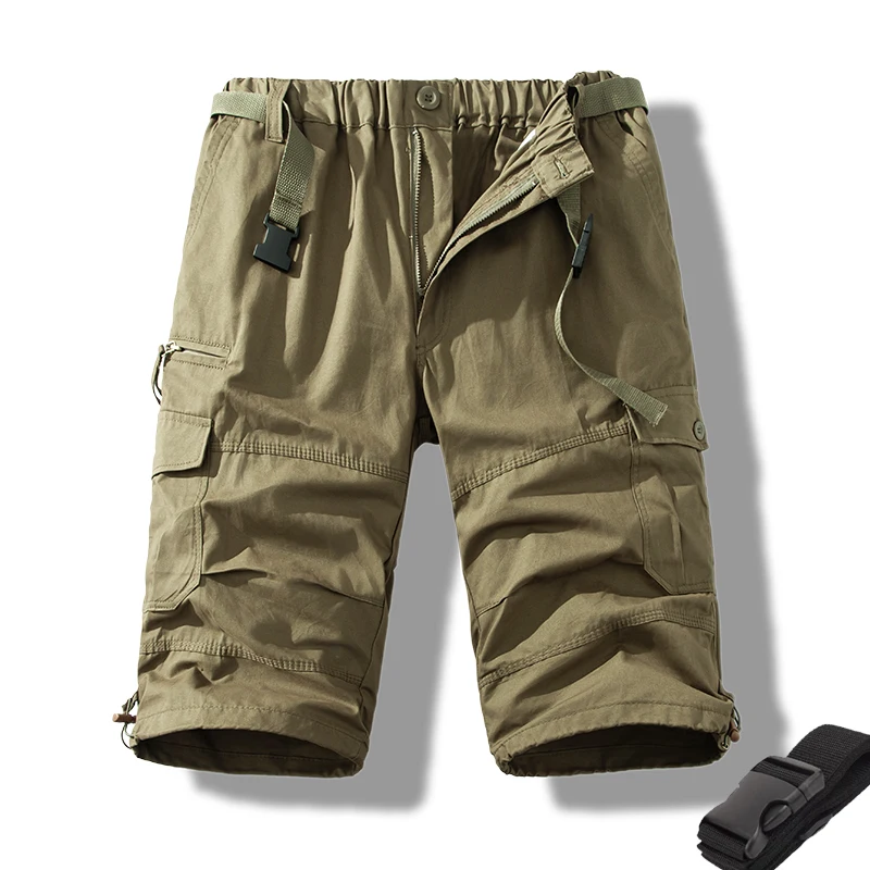 Man Shorts Casual Pants Light Weight Cotton Long Shorts Below Knee 3/4 Pants Elastic Waist with Belt Cargo Shorts