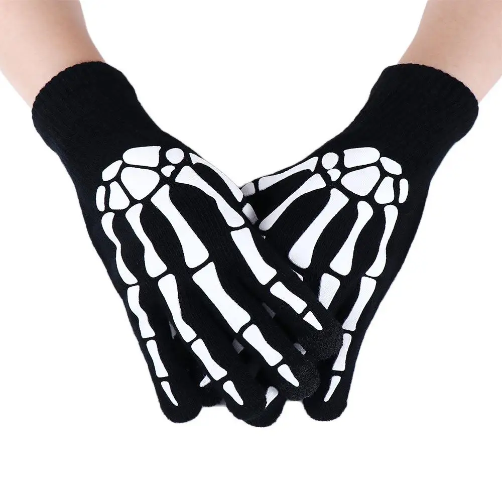 Guantes luminosos de Halloween para invierno, manopla de dedo completo, calentador de manos, antideslizante, Horror, hueso, Calavera, medio dedo