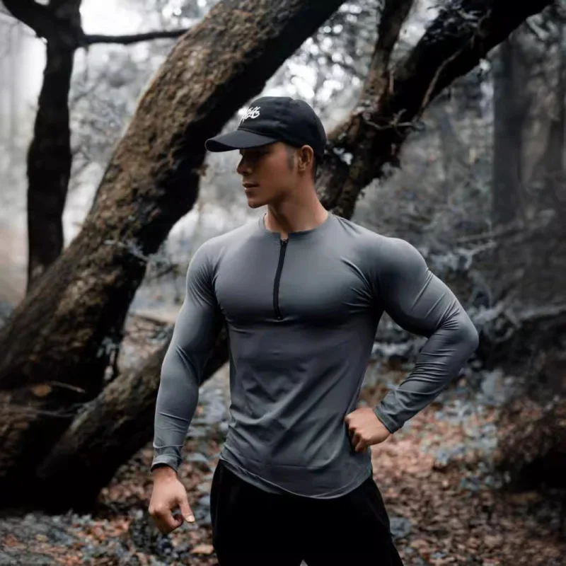 Men's T-shirt American-Style Quick-Drying Long-Sleeved Fitness Running Training Stretch Half-Open Top