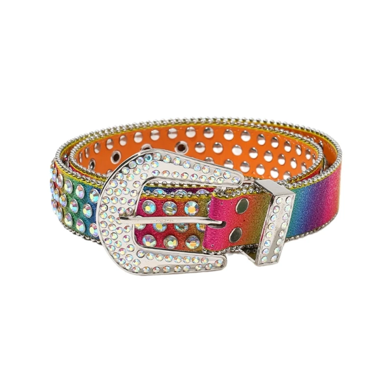 

Y166 Adult Shinning Waist Belt Punk Rainbow Adjustable Buckle Belt for Skirt Jeans