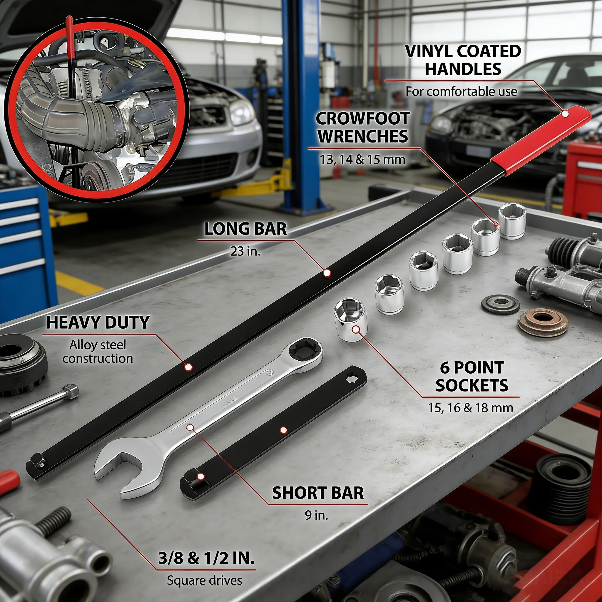 

Набор инструментов для натяжителя поликлинового ремня, 8 предметов, универсальный, с приводом 3/8" и 1/2", регулируемый ключ для авторемонта, хит продаж