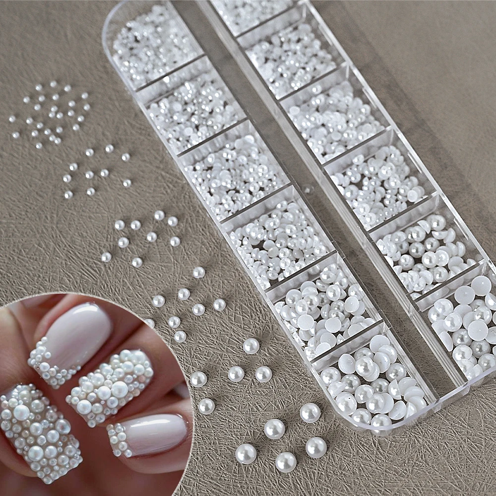 12 شبكات ثلاثية الأبعاد الأبيض نصف جولة اللؤلؤ الكرة مسمار السحر 1.5/2/2.5/3/4/5 مللي متر مختلط اللؤلؤ حبة مسمار الفن الراين DIY بها بنفسك مانيكير لوازم #3