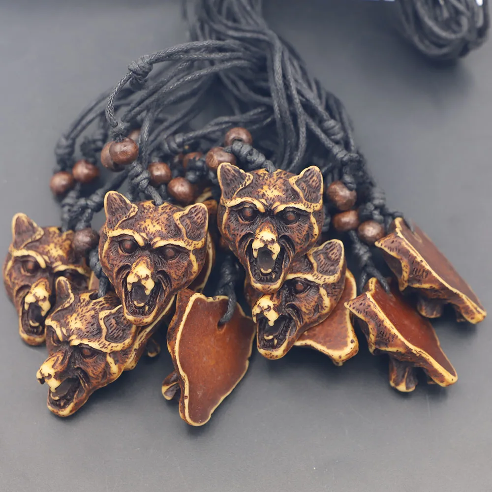 12pcs Cool Imitation Bone Carved Tooth Resin Pendants Necklace Wolf Head Amulet Adjustable Rope Women Jewelry Items Wholesale