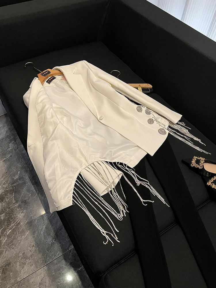 

Ele Commuter Sle Женский костюм-джакет на одной пуговице с кисточками и бриллиантами, длинный све, официальная одежда средней длины