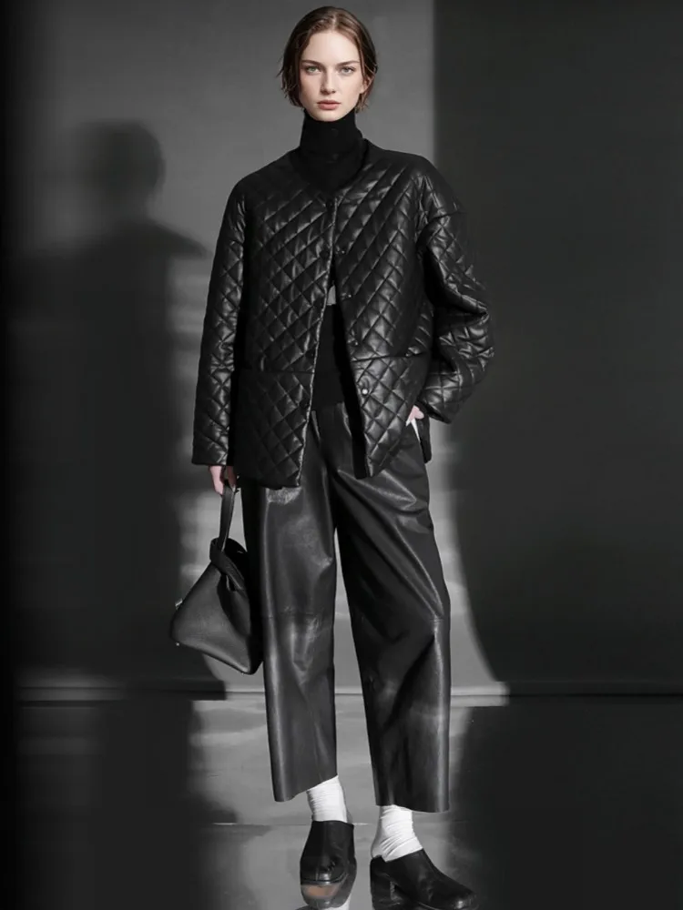 Moda feminina novo outono inverno diamante grade único breasted jaquetas de couro genuíno o pescoço reversível pele carneiro quente outerwear