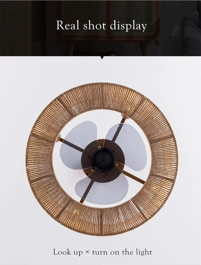 Vintage Bamboo Rattan Ceiling Fan Light Hidden Blades DC Motor Quiet 3 Speed Remote Control Flush Mount Living Room Home Decor