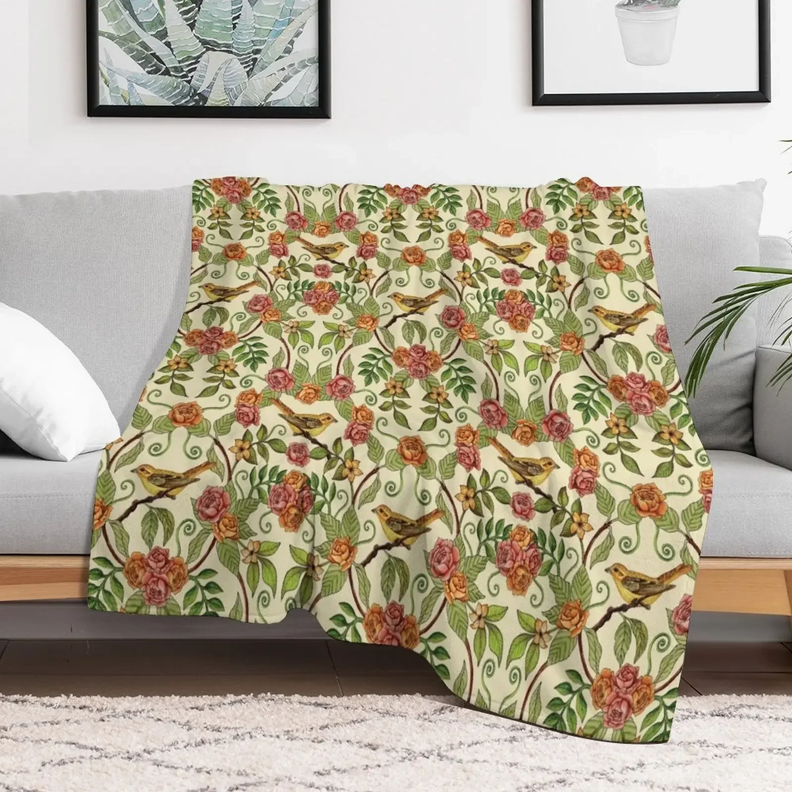 Vintage Inspired Yellow Birds and Pink Flowers Throw Blanket Luxury Brand Plaid Blankets