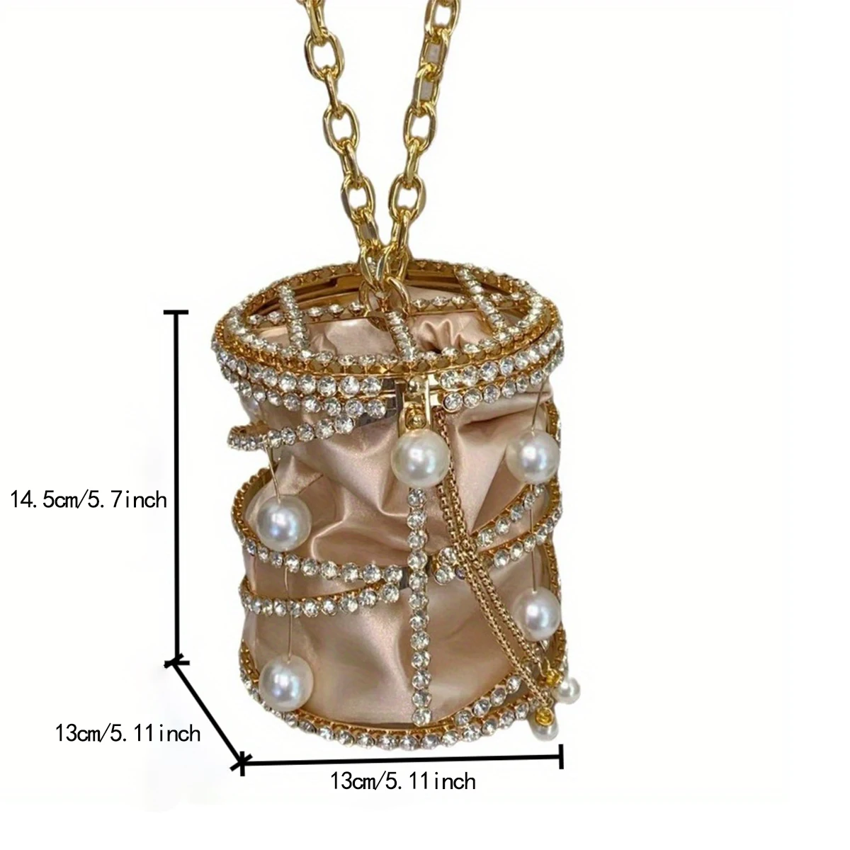 JIOMAY 2025 New Women's Gold Evening Clutch Bags Luxury Designer Silk Satin Bucket Bag,Crystal-Embellished Metal Pearl Party Bag