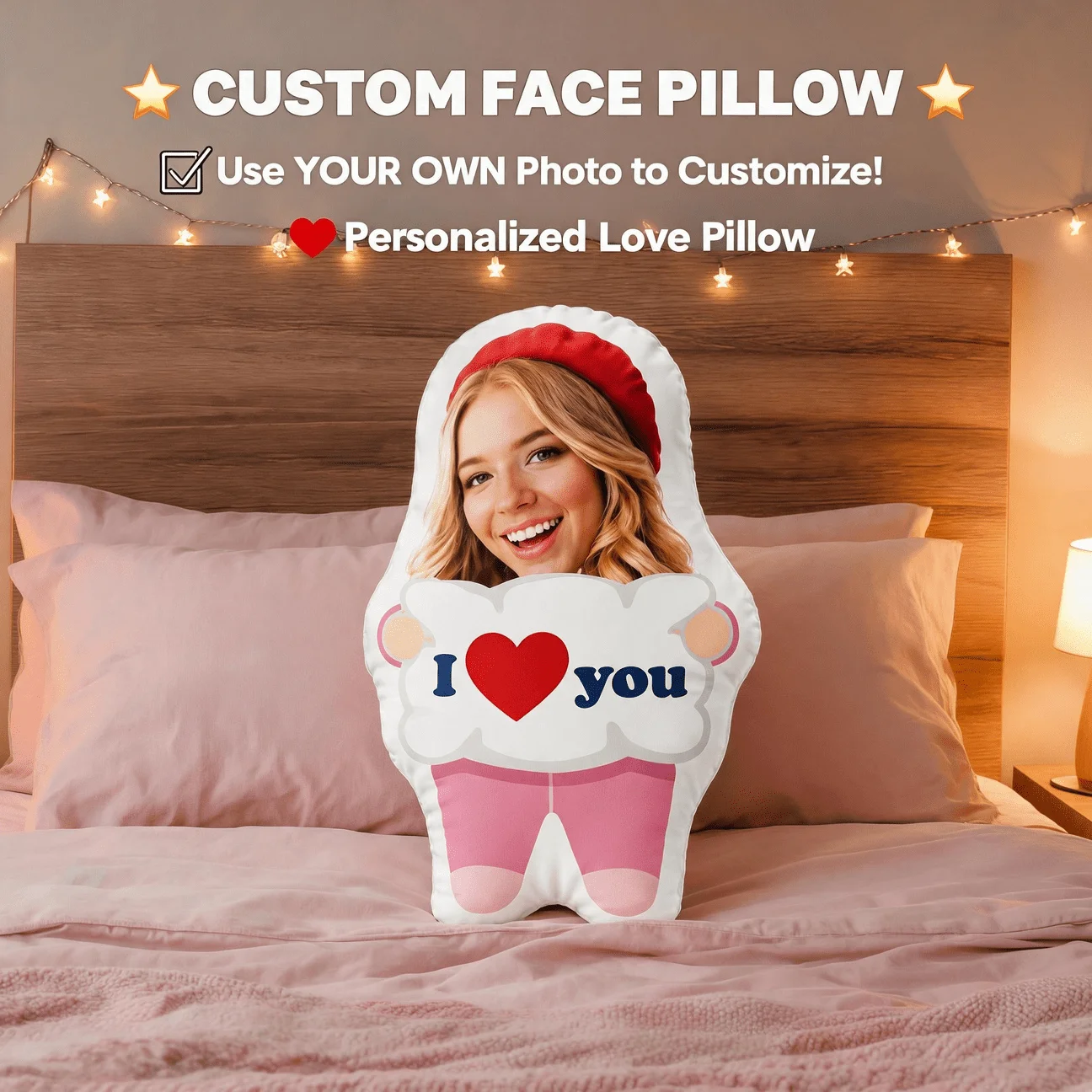 Custom Personalized Photo Face-Shaped Pillow, Smiling Red Beret Custom Picture Decorative Cushion, Unique Home Decor Accent for