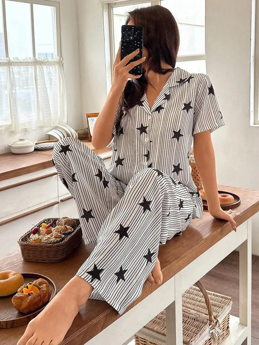 Star Striped Lapel Cardigan Pajama Set Women Summer Sleepwear Lounge Wear