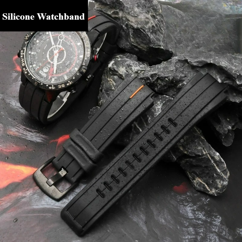 16x24mm Black Silicone Watchband Durable for Timex Expedition Tide-Temp-Compass T2N739 TW2T76300 TW2V22200 Convex Interface