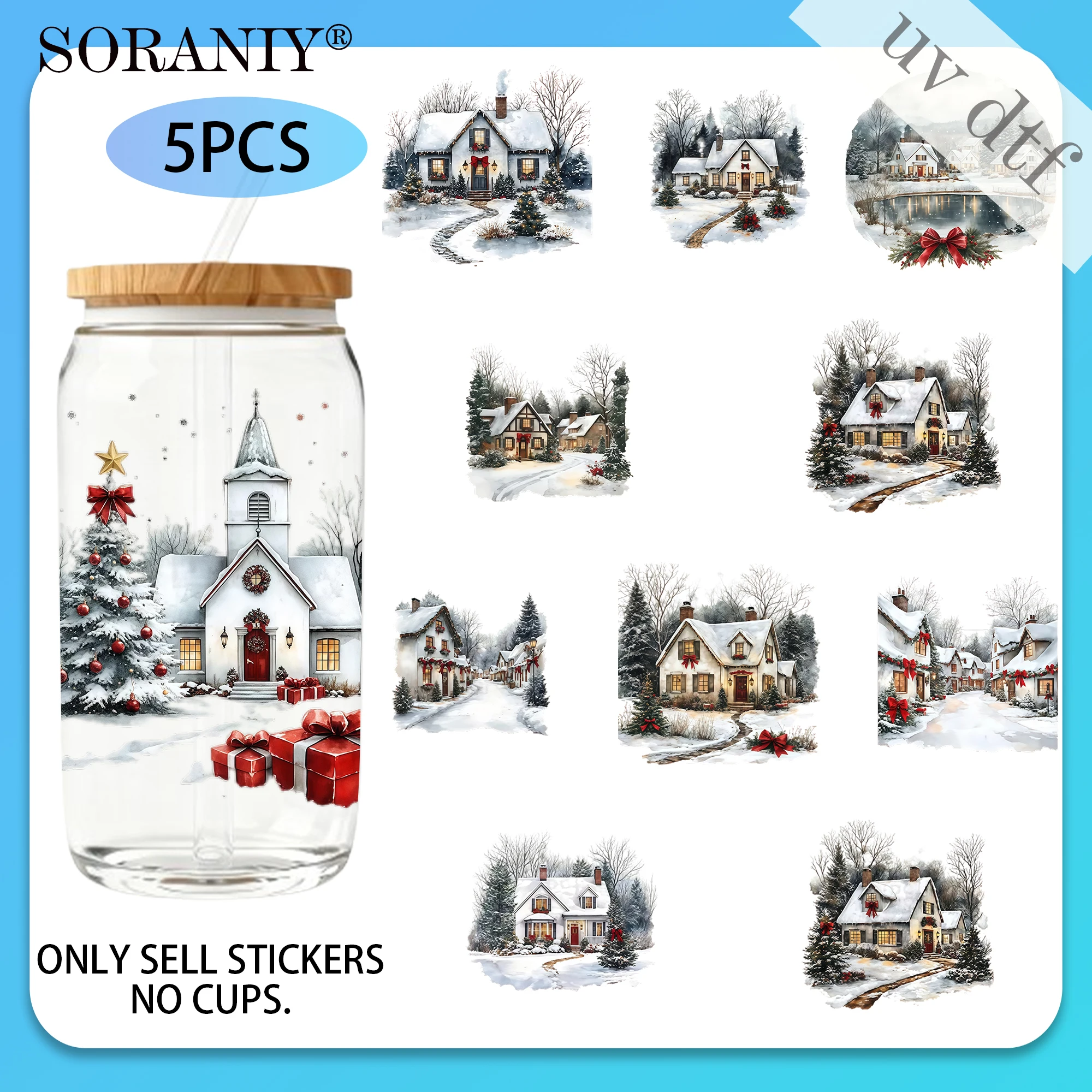 UV DTF 16OZ DIY Transferaufkleber - 5 Stück/Set Weihnachtliche Schneelandschaft-Thematik 16 Oz Glasgefäß-Verpackung Dekoratives Transferpapier