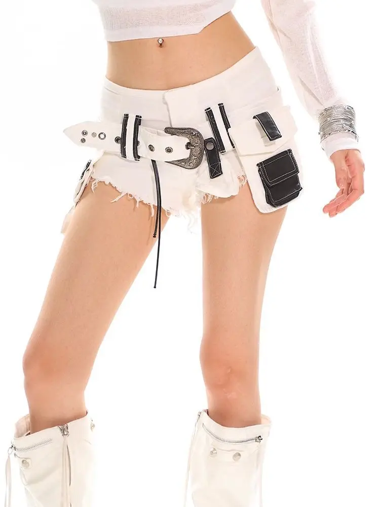 American High Street Design Sense Low Waist Rough Edge Work Pants For Women Y2k Removable Waist Bag Hot Pants