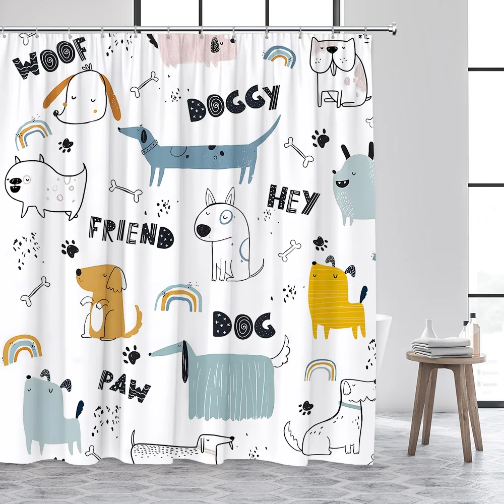 Funny Cartoon Dogs Shower Curtain Cute Dinosaur Tropical Fish Animals Footprints Kids Bath Curtains Polyester Bathroom Decor Set