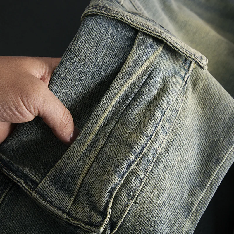 Multi pocket patchwork jeans for men, slim fit, small feet, elastic retro, high-end motorcycle riding trend, heavyweight pants
