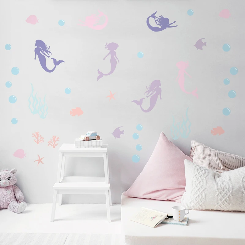 6sheets/set Beautiful Mermaid Wall Sticker Shiny Colorful Wall Decal Cute Decoration for Baby Girl Kids Child Room Home Decor PA