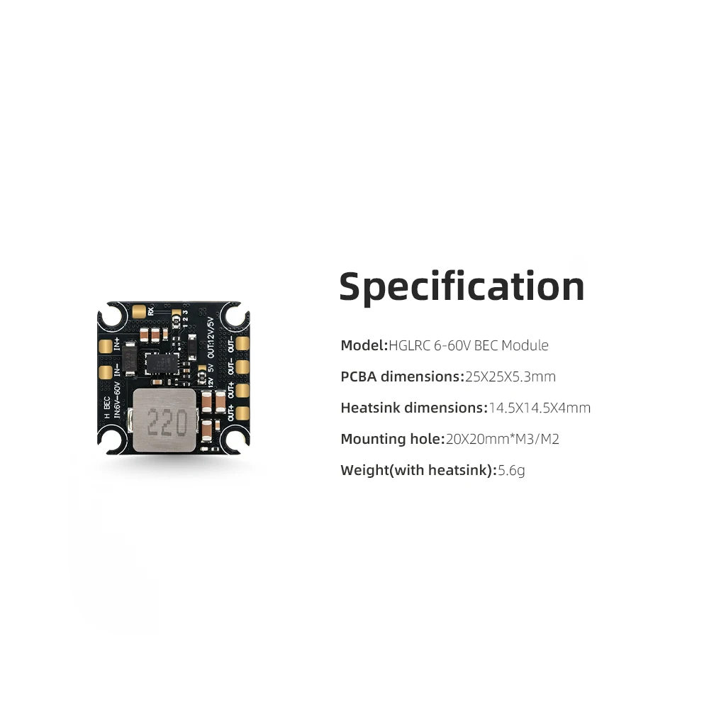 HGLRC 6-60V BEC Module, Dual Output 5V & 12V Selectable, Ultra Wide Input Voltage Power Supply Module, 20x20mm M2/M3 Mounting
