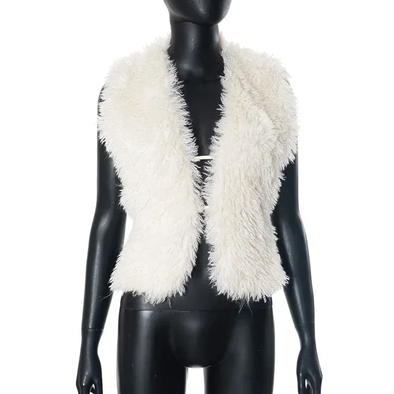 Ueteey Fluffy Faux Fur Halter Vests Women Solid Deep V-Neck Backless Bandage Sleeveless Jackets Top Winter Wamr Outerwear Coat