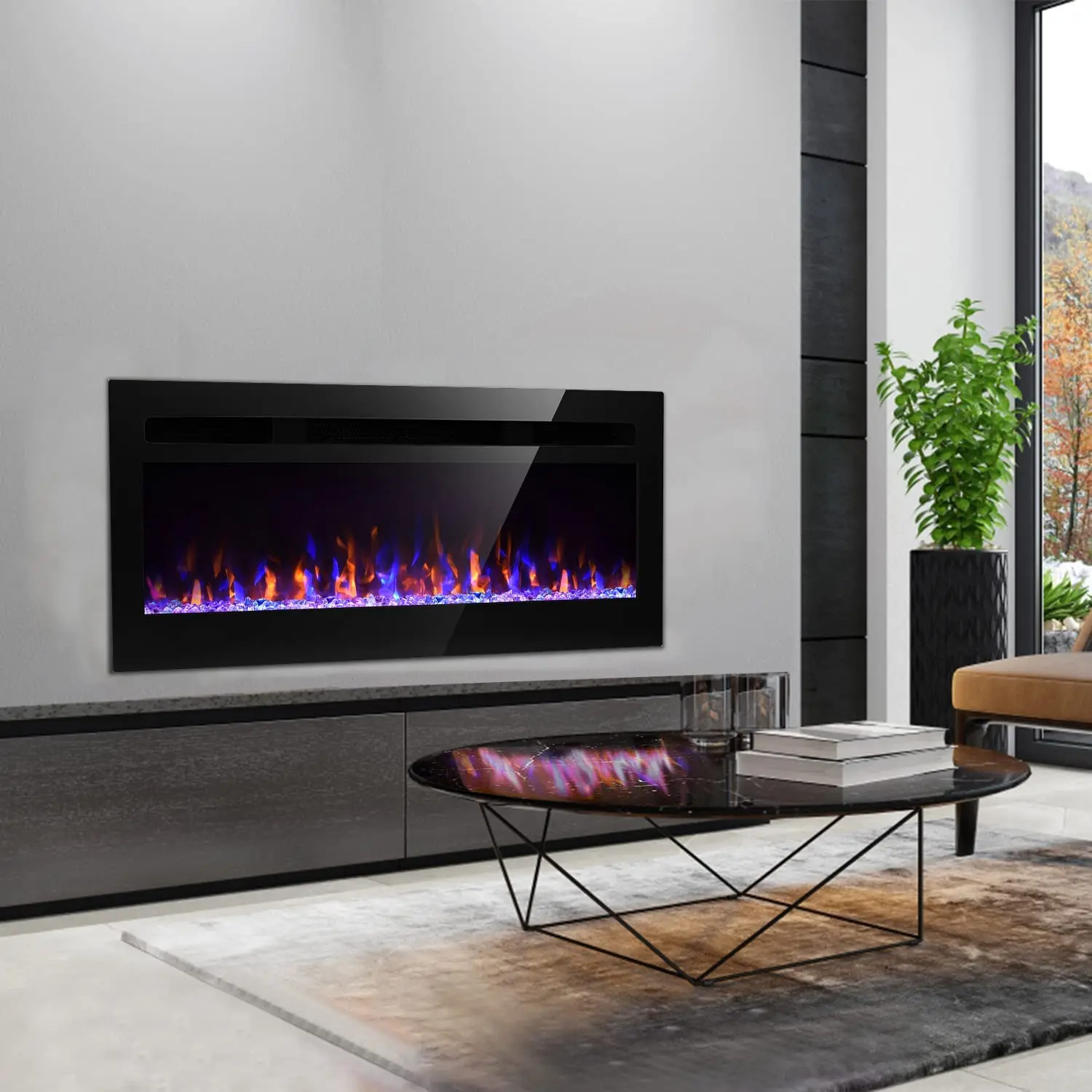 43-Inch Wall-Mounted Electric Fireplace 12 LED Flame Colors Change for Living Room Heater in Home Family Hotel Use