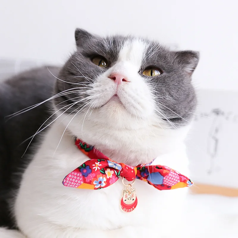 Cat Collar Rabbit Ear Collar Bell Necklace Adjustable Japanese Print Bow Tie Cat Collar Jewelry Birthday Gift Kitten Accessories