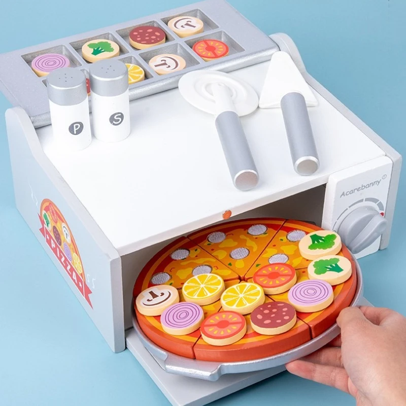 Wooden Pretend Play Kitchen Set Realistic Pizza Making Cutting Food Toy Montessori Cooking Oven BBQ Rack for Girls Toddlers Gift