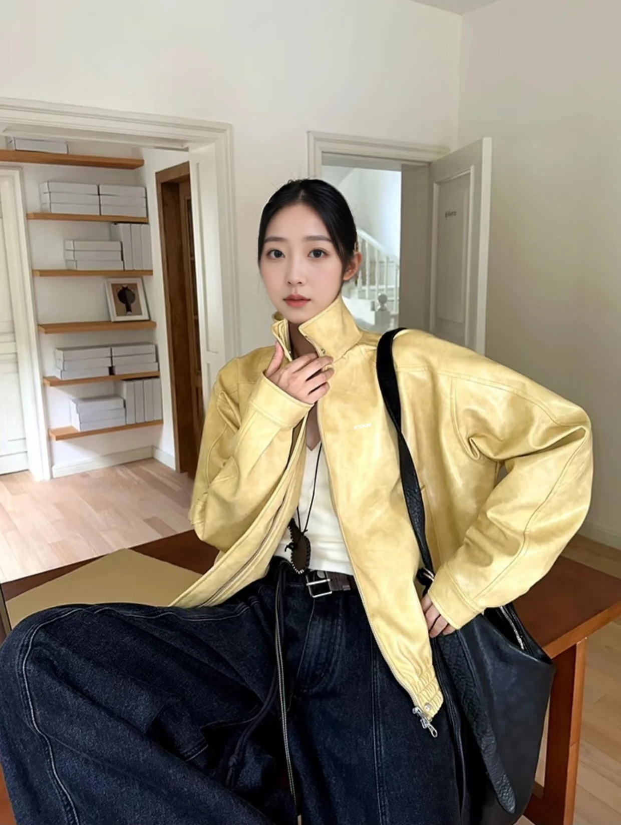 Kaeng レディース イエロー レザー ジャケット バイカー パイロット ジャケット アメリカン スレ 秋 ファッション 高級感 ルーズフィット オルト コート