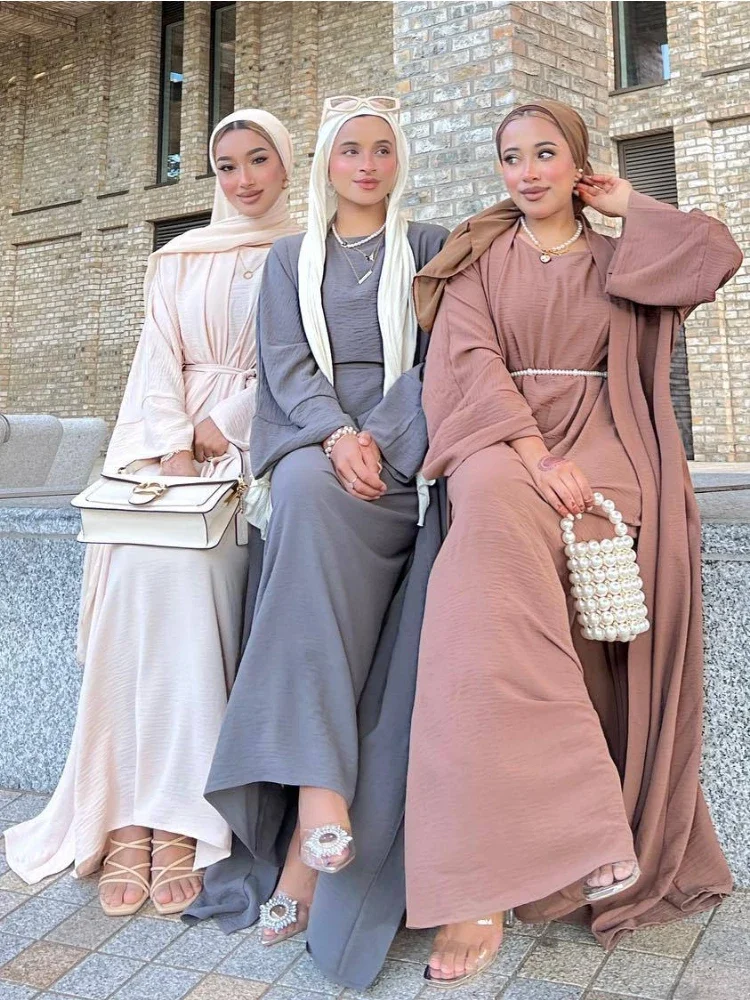 Eid Ramadan Muslim Set 2 Piece Prayer Dress Abaya Matching Sets Hijab Dress Wrinkle Open Abayas Dubai Turkey Inner Dresses Robe