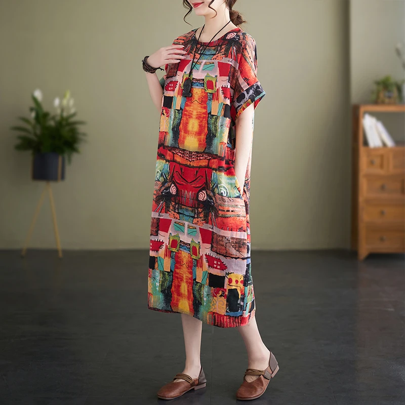 

2024 Spring Summer New Women's Vintage Printed Oversize Short Sleeve Cotton Linen Dress Ladies Loose Casual Long Dress X906