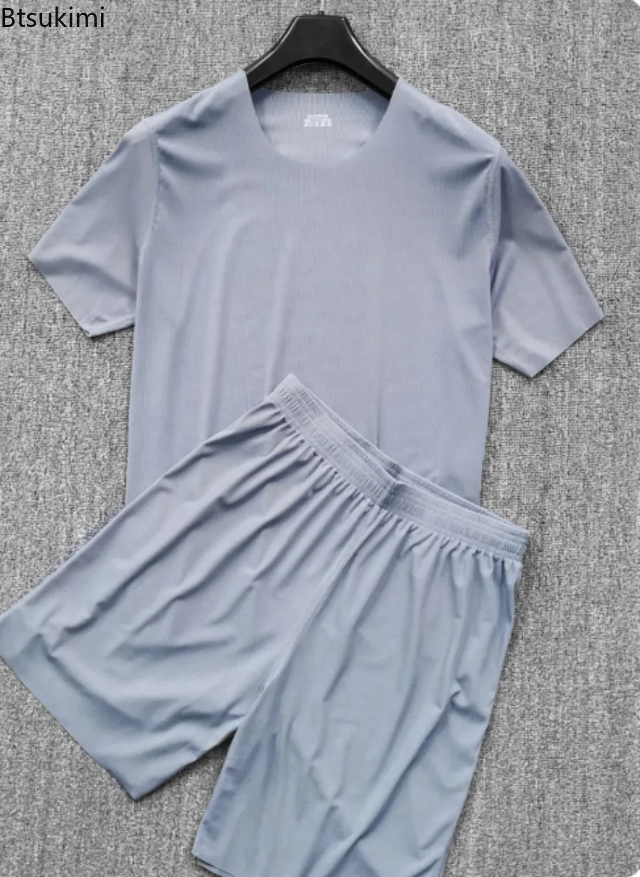 

Ice Silk Pajamas Suit Summer Men's Thin Loose Short-sleeved Shorts Nightwear Male Soft Breathable Homewear Sports Loungewear