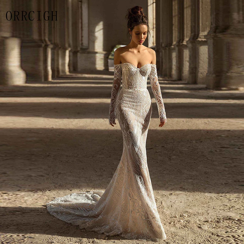 Sexy Mermaid Wedding Dresses 2026 Strapless Long Sleeve Lace Bridal Gown Sweep Train Customizable Bride Dress