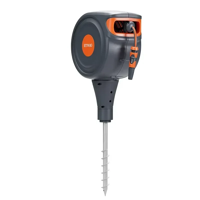 Automatic Retractable Garden Hose Reels Ground Spike Wall Mount Auto Rewind Water Hose with Spray Nozzle Heavy Outdoor