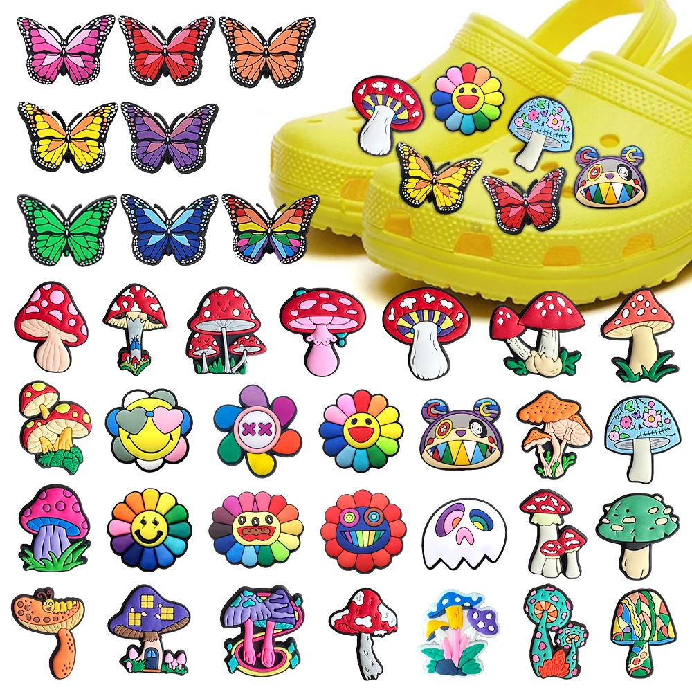 Fashion 1PCS Cute Cartoon Flowers Butterfly Shoe Charms Sun Flower PVC Mushroom Accessories Decorate Kid Women X-mas Lovely Gift