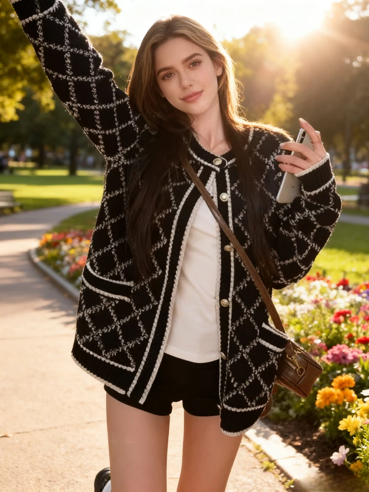 

НОВЫЙ шикарный осенне-зимний вязаный кардиган с длинными рукавами, свитер, женские свободные куртки, клетчатое офисное пальто с карманами, повседневная элегантная одежда