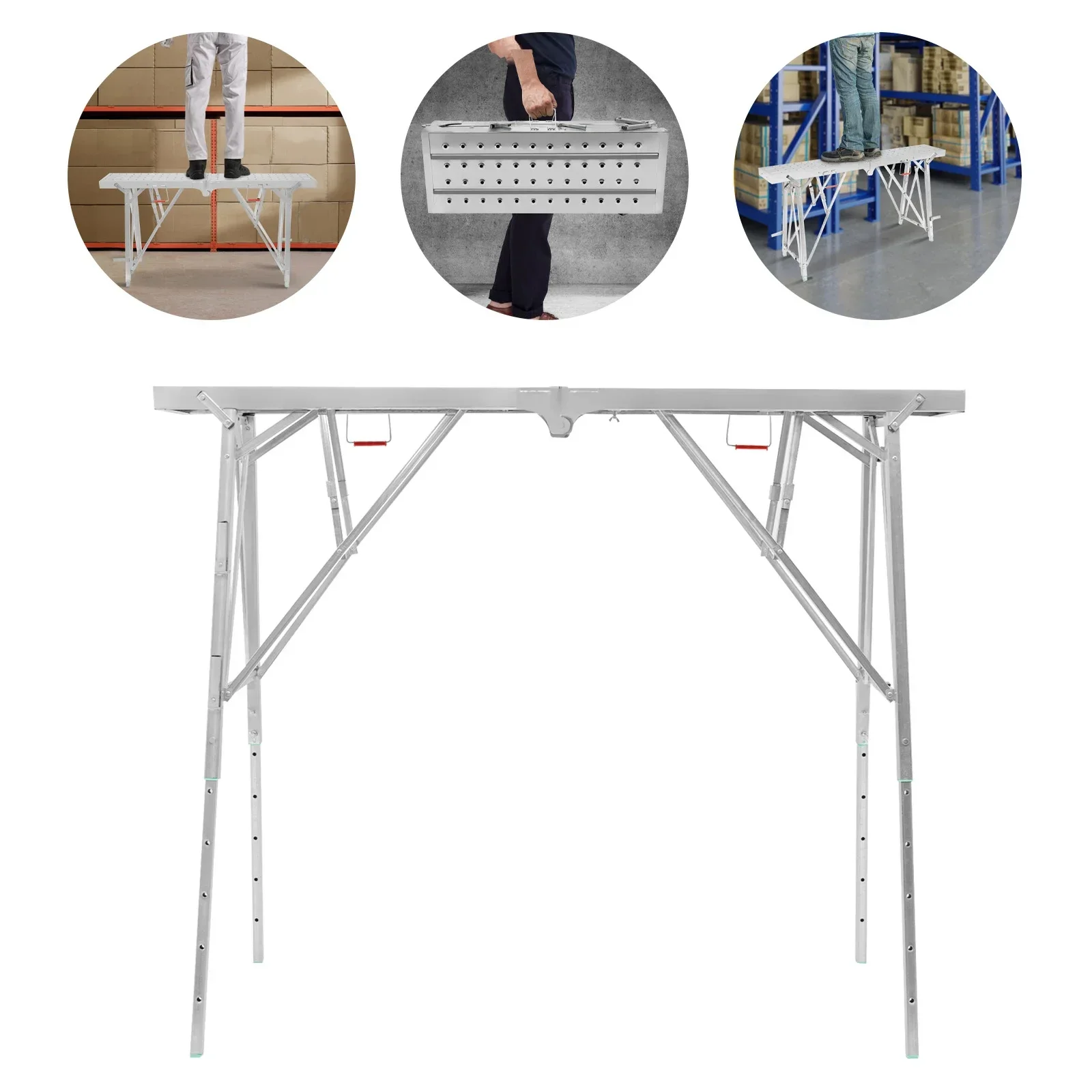 

%a Portable Folding Scaffolding Platform Rectangular Galvanized Steel Adjustable Work Bench Step Stool Ladder Silver