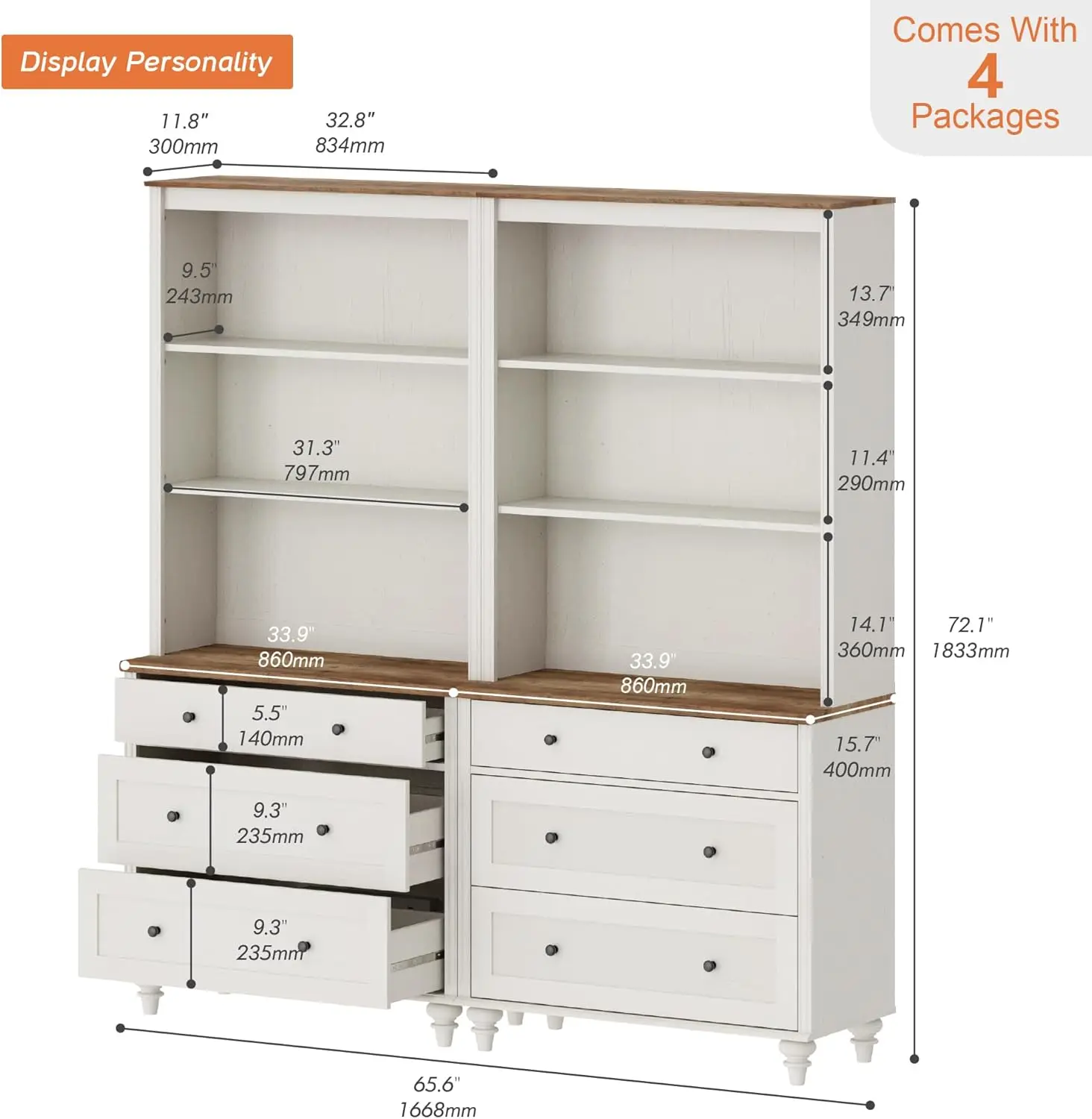 3 Tier Bookshelf With 3 Drawers, 72